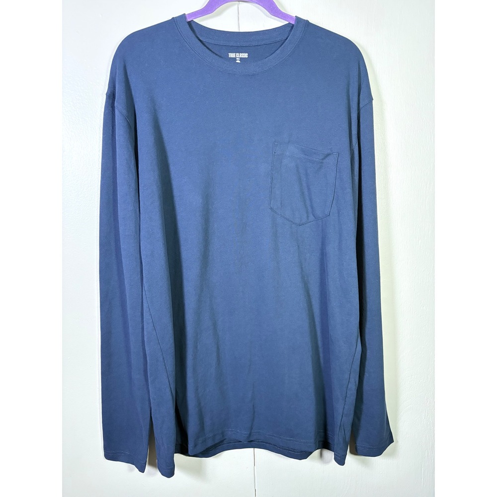 True Classic Mens Long Sleeve Pocket Tee Blue Tall L Basic Casual Minimal Norm